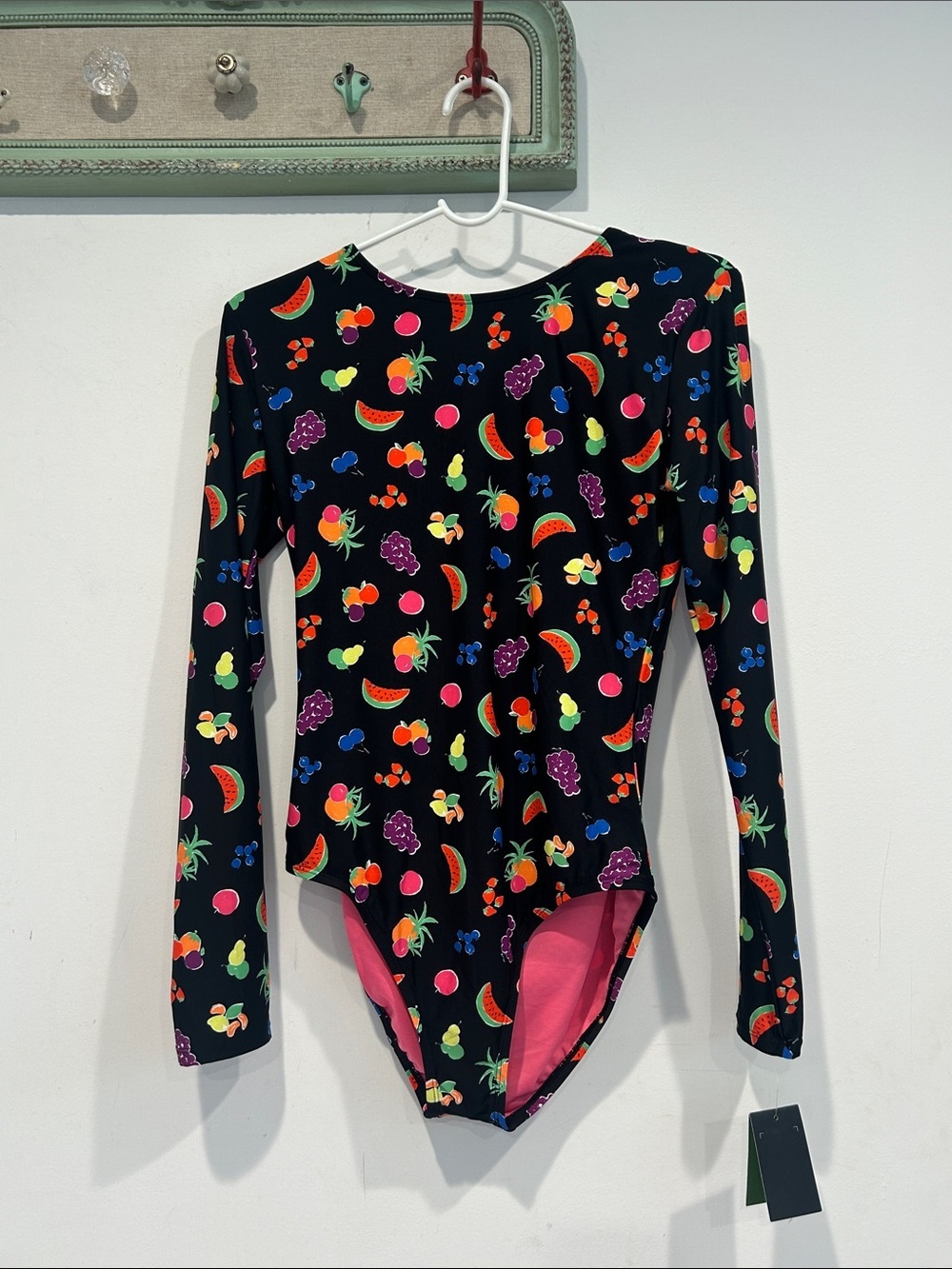 Kate Spade Black Long Sleeve Fruit Salad print rash-guard one piece swim medium